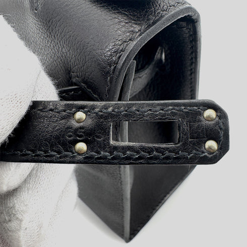 HERMES KELLY POCHETTE SELLIER BLACK EVERGRAIN HAND BAG □H PALLADIUM HARDWARE 90267766 - PURPOSE