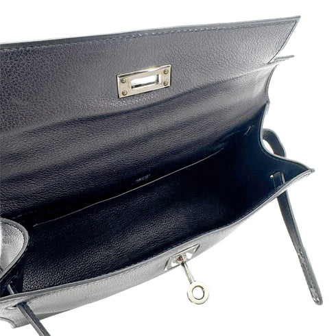 HERMES KELLY POCHETTE SELLIER BLACK EVERGRAIN HAND BAG □H PALLADIUM HARDWARE 90267766 - PURPOSE