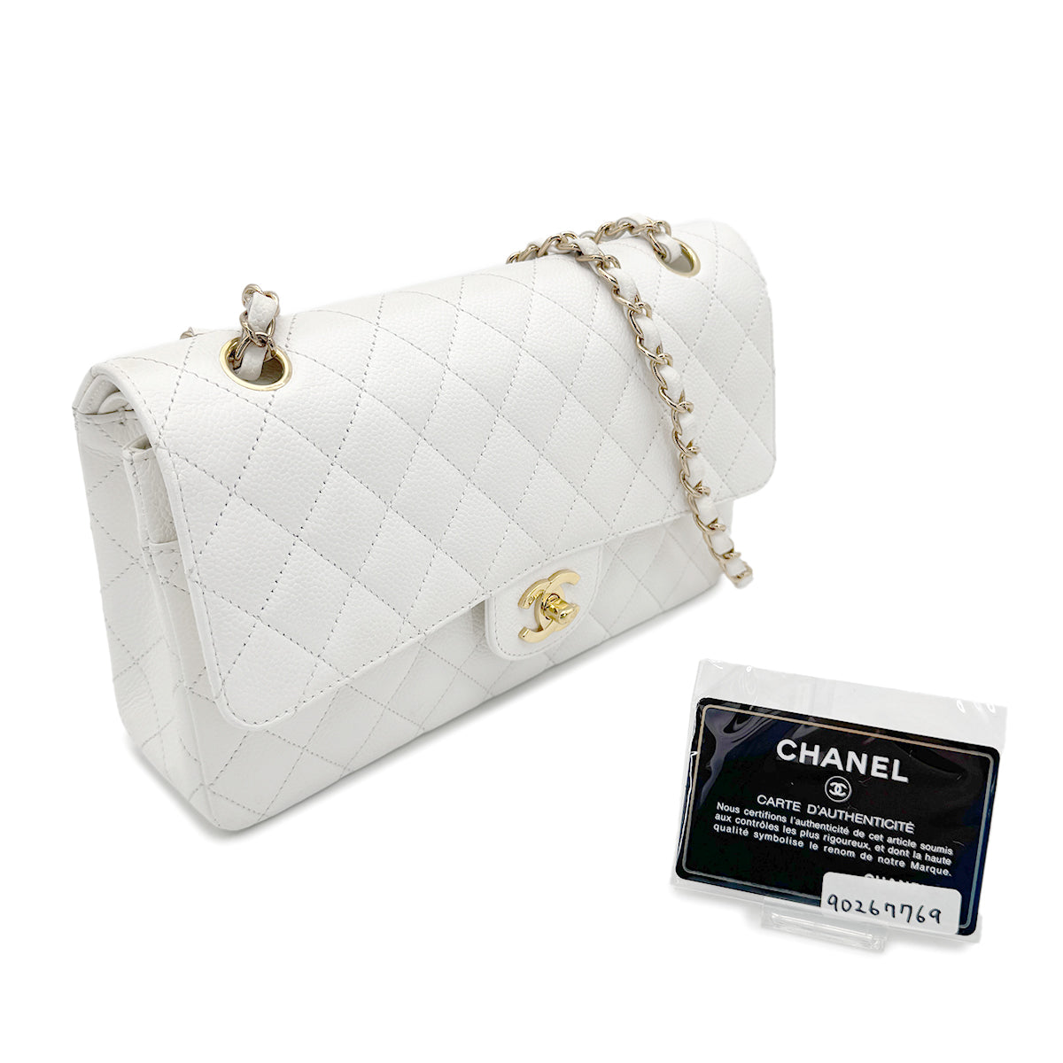 CHANEL VINTAGE CLASSIC FLAP MEDIUM CHAIN SHOULDER BAG WHITE CAVIAR SKIN 90267769