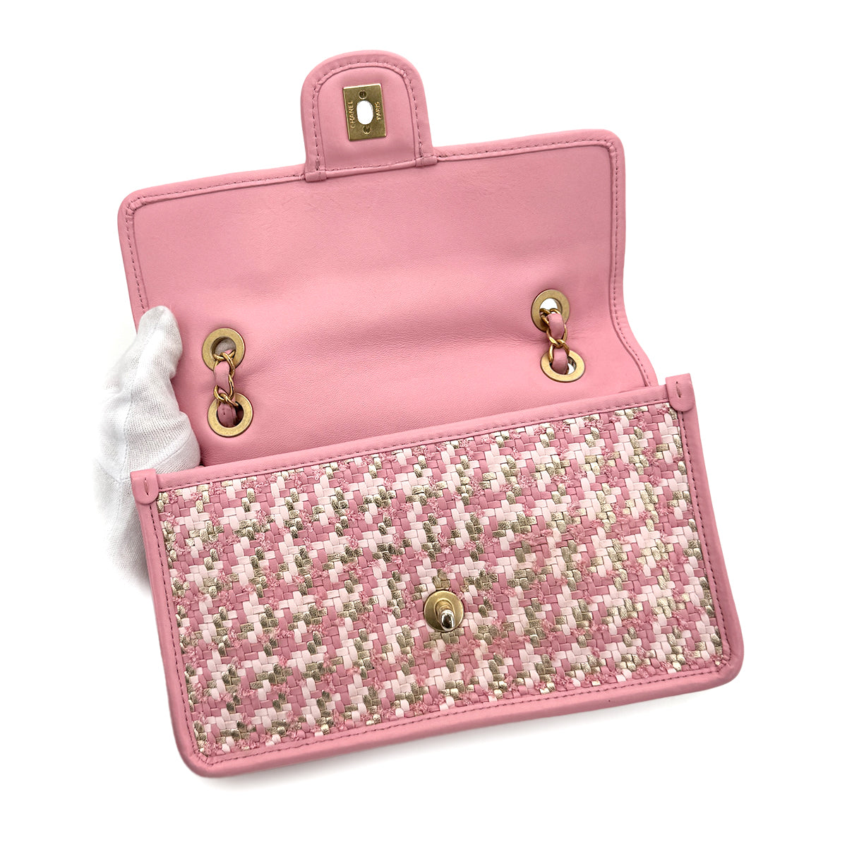 CHANEL WOVEN CHAIN SHOULDER BAG PINK LAMB SKIN 90268061
