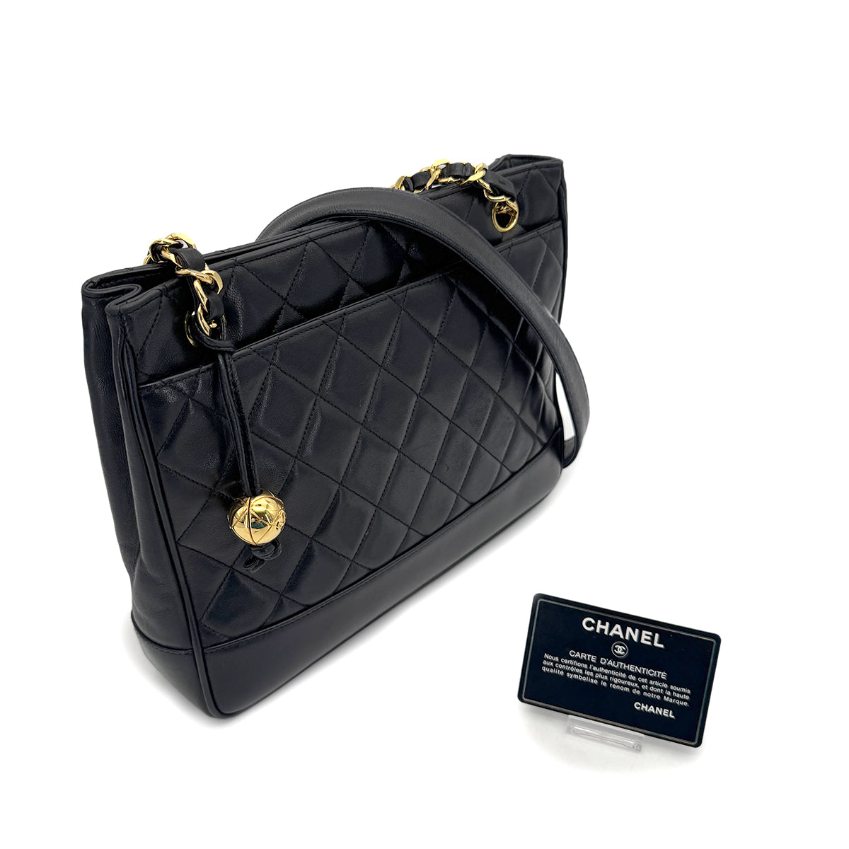 CHANEL VINTAGE MATELASSE COCO BALL CHAIN SHOULDER BAG BLACK LAMB SKIN 90268080