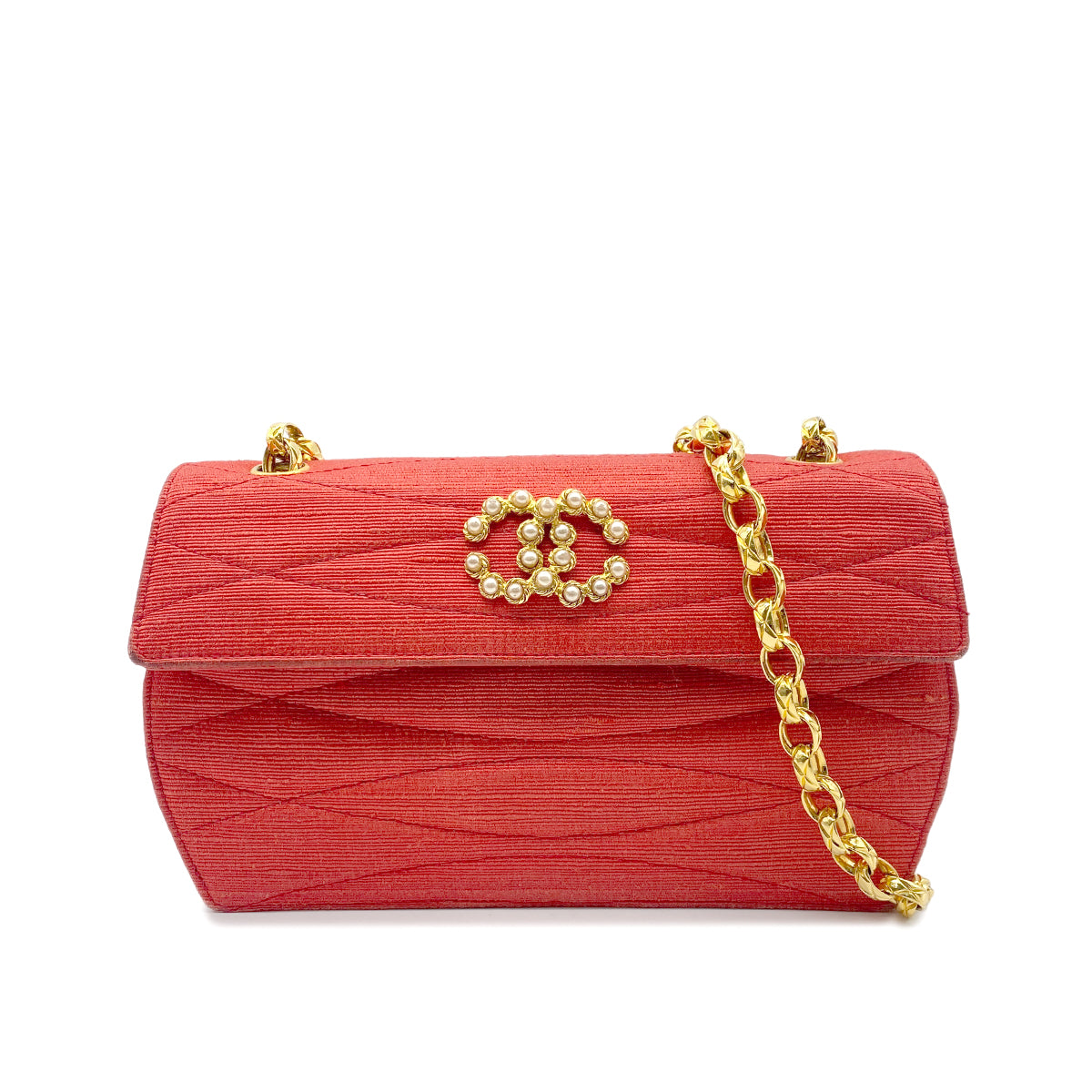 CHANEL CHAIN SHOULDER BAG FAUX PEARL RED FABRIC 90268198