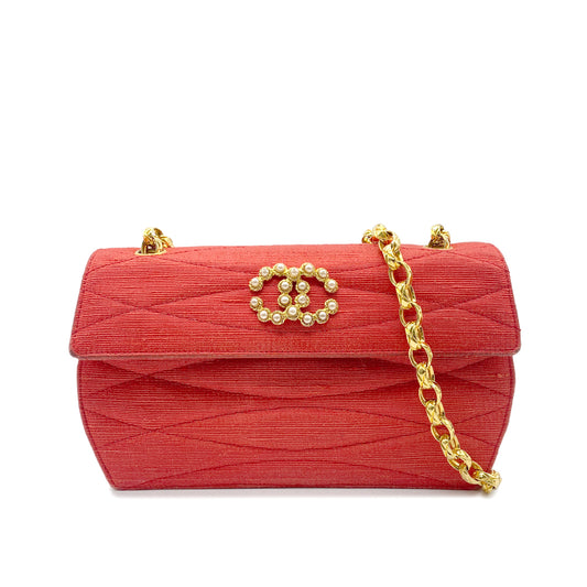 CHANEL CHAIN SHOULDER BAG FAUX PEARL RED FABRIC 90268198