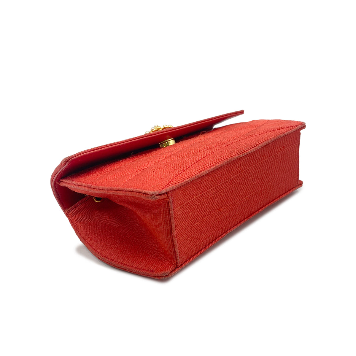 CHANEL CHAIN SHOULDER BAG FAUX PEARL RED FABRIC 90268198