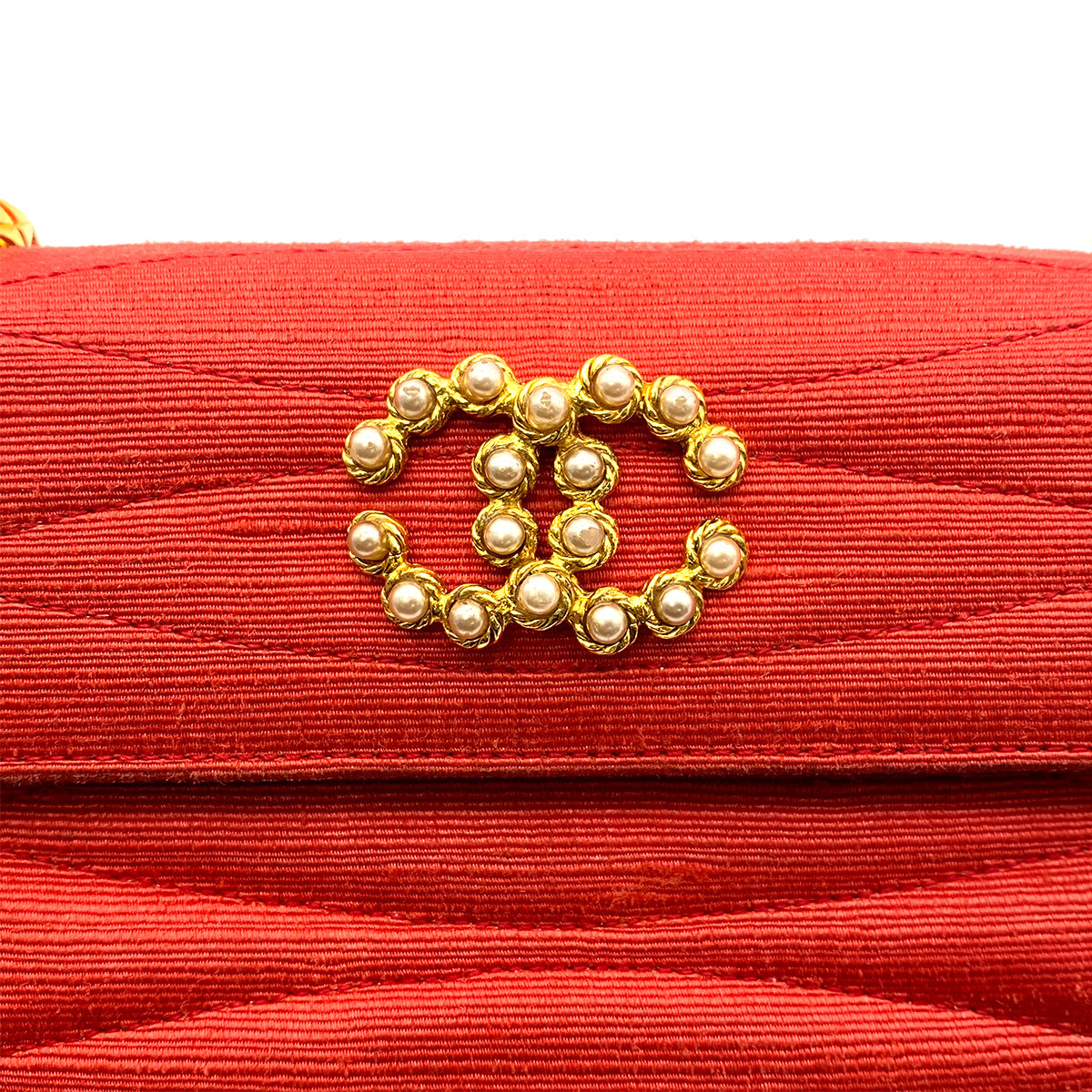 CHANEL CHAIN SHOULDER BAG FAUX PEARL RED FABRIC 90268198