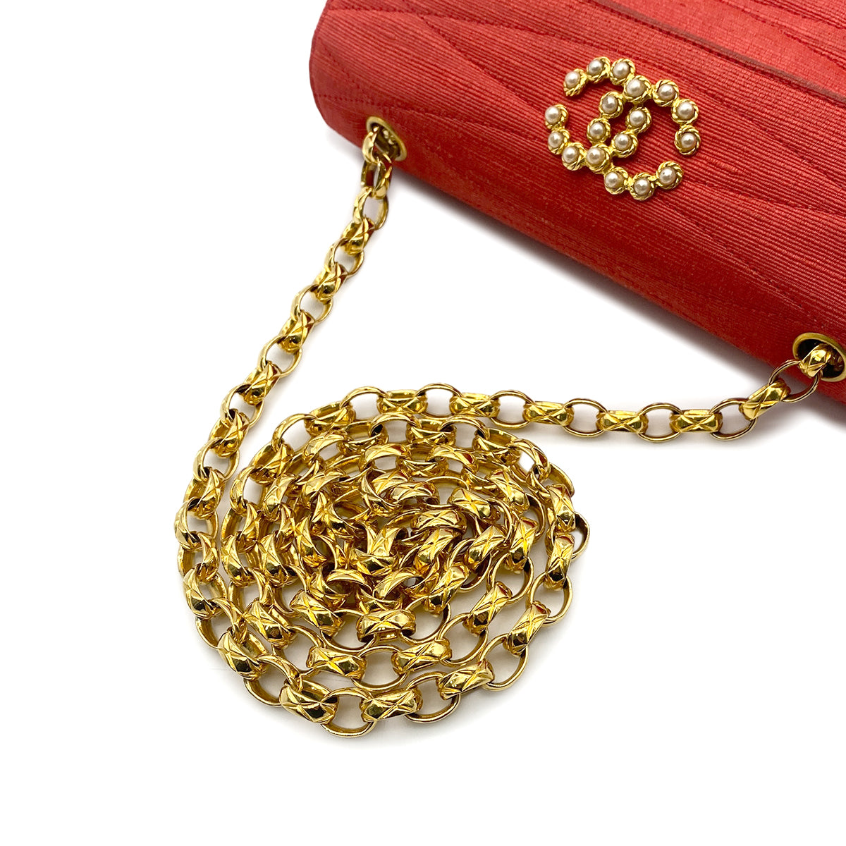 CHANEL CHAIN SHOULDER BAG FAUX PEARL RED FABRIC 90268198
