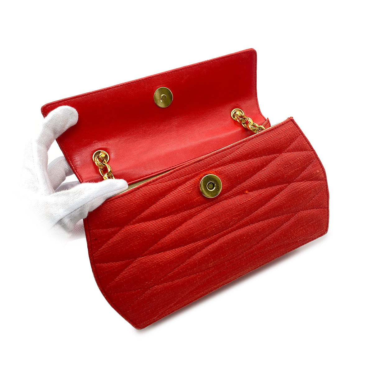 CHANEL CHAIN SHOULDER BAG FAUX PEARL RED FABRIC 90268198