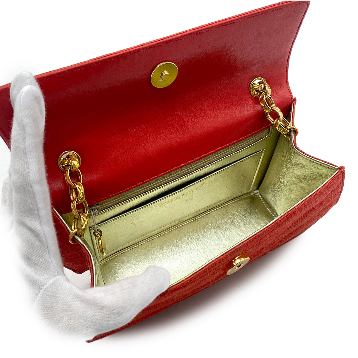CHANEL CHAIN SHOULDER BAG FAUX PEARL RED FABRIC 90268198