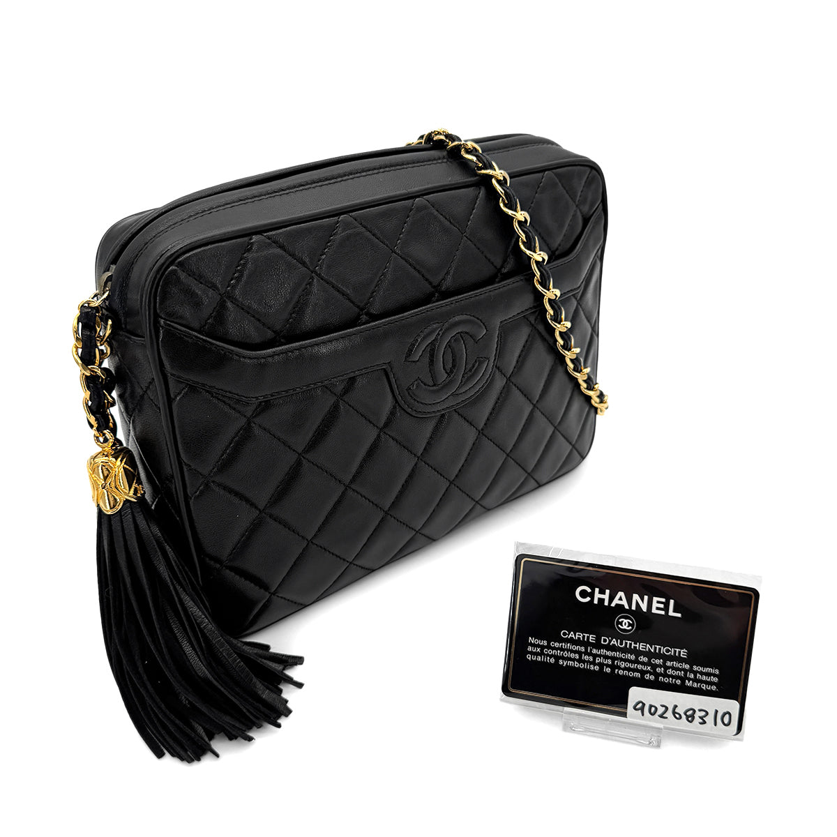 CHANEL VINTAGE MATELASSE FRINGE SHOULDER BAG BLACK LAMB SKIN 90268310