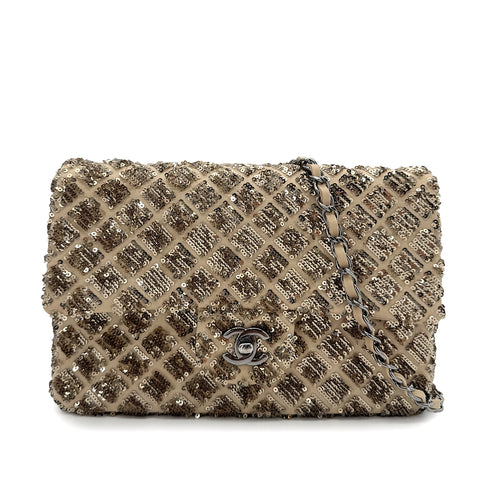 CHANEL CHAIN SHOULDER BAG BEIGE GOLD SEQUINS LAMB SKIN 90268815 - PURPOSE