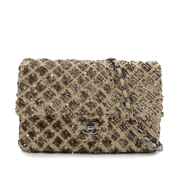 CHANEL CHAIN SHOULDER BAG BEIGE GOLD SEQUINS LAMB SKIN 90268815 - PURPOSE