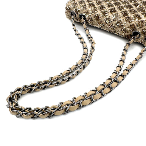 CHANEL CHAIN SHOULDER BAG BEIGE GOLD SEQUINS LAMB SKIN 90268815 - PURPOSE