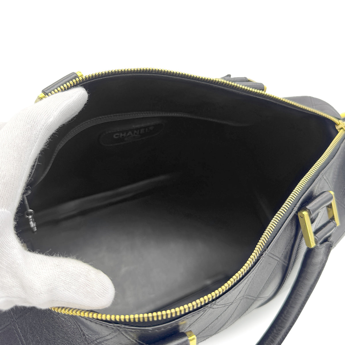 CHANEL VINTAGE BICOLORE BOSTON SHOULDER BAG BLACK LEATHER 90268818