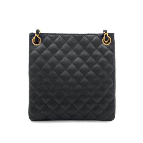 CHANEL VINTAGE MATELASSE CHAIN TOTE BAG BLACK SATIN LAMB SKIN 90268876 - PURPOSE