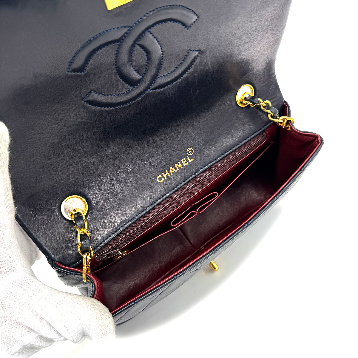 CHANEL VINTAGE FULL FLAP CHAIN SHOULDER BAG NAVY LAMB SKIN  90268892