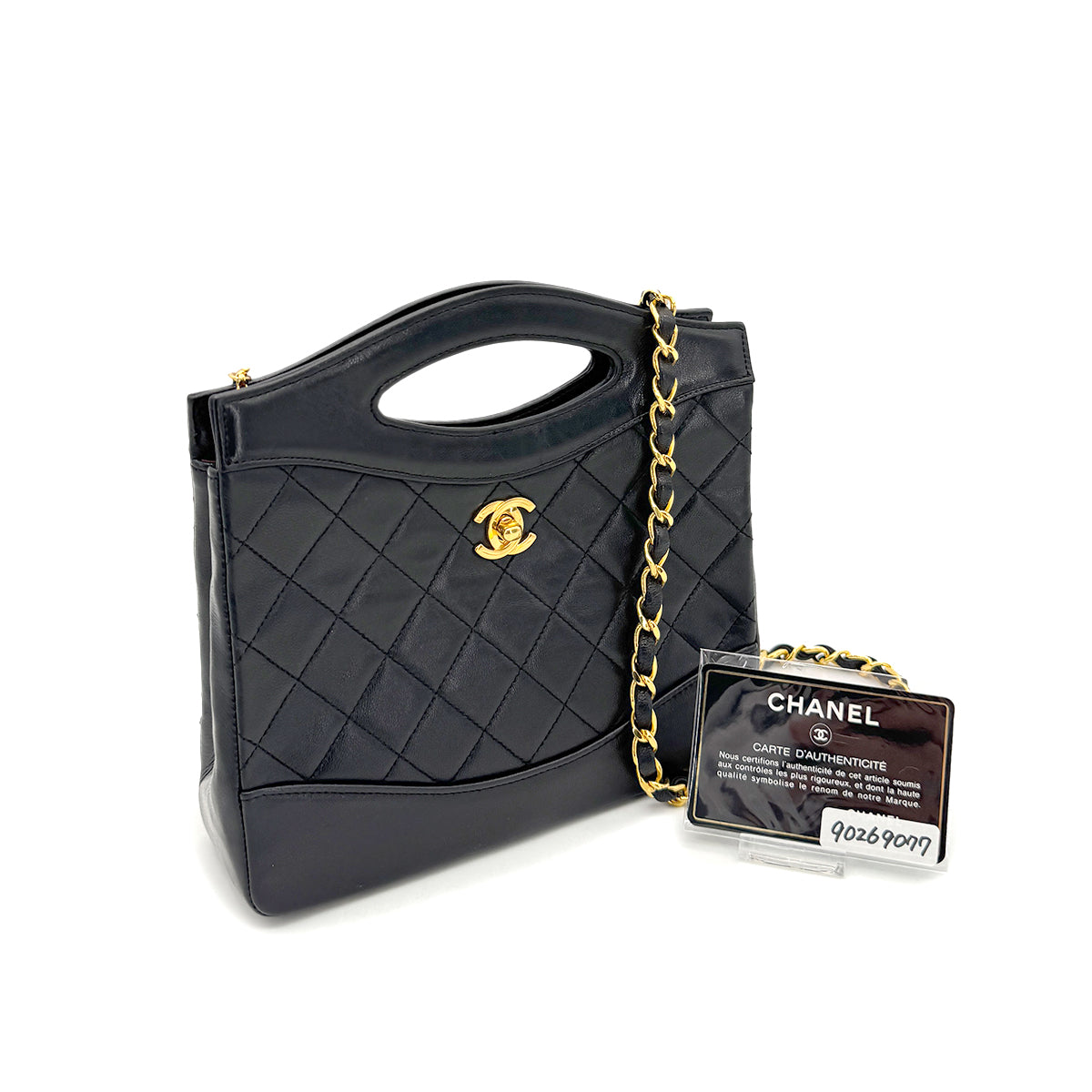 CHANEL VINTAGE 2WAY HAND CHAIN SHOULDER BAG BLACK LAMB SKIN 90269077