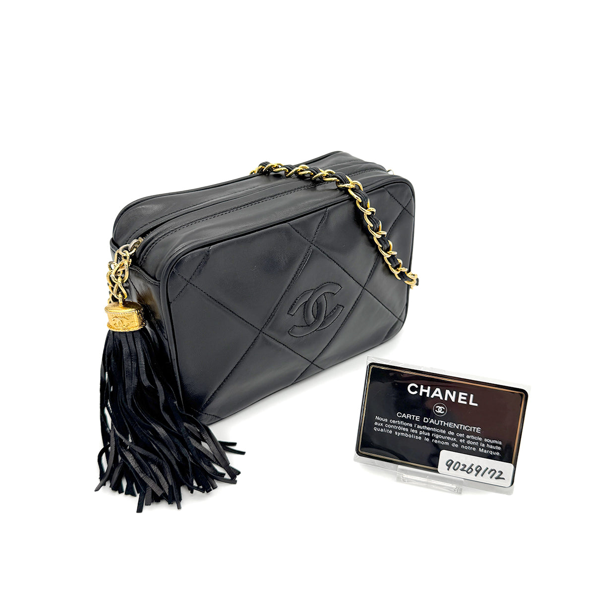 CHANEL VINTAGE FRINGE CHAIN SHOULDER BAG BLACK LAMB SKIN 90269172