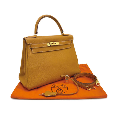 HERMES KELLY 28 RETOURNE NATURAL FJORD HAND SHOULDER BAG □C GHW 90269179