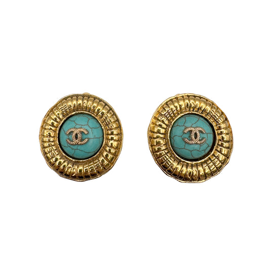 CHANEL VINTAGE EARRINGS ROUND COCOMARK TURQUOISE ACCESSORY 90269260