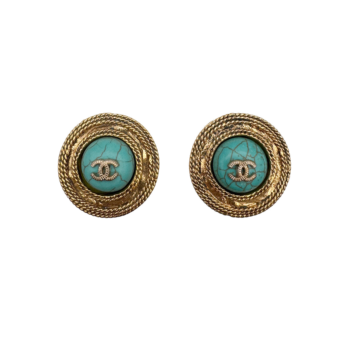 CHANEL VINTAGE EARRINGS ROUND COCOMARK TURQUOISE ACCESSORY 25 90269261