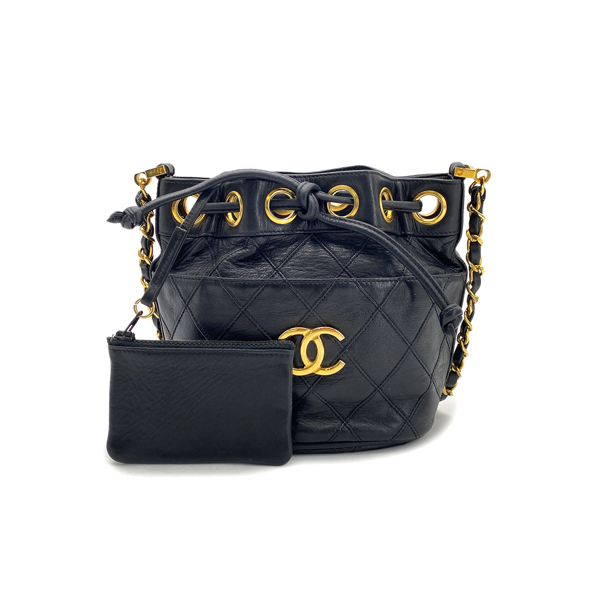 CHANEL VINTAGE BICOLORE DRAWSTRING CHAIN SHOULDER BAG BLACK LAMB SKIN 90269268