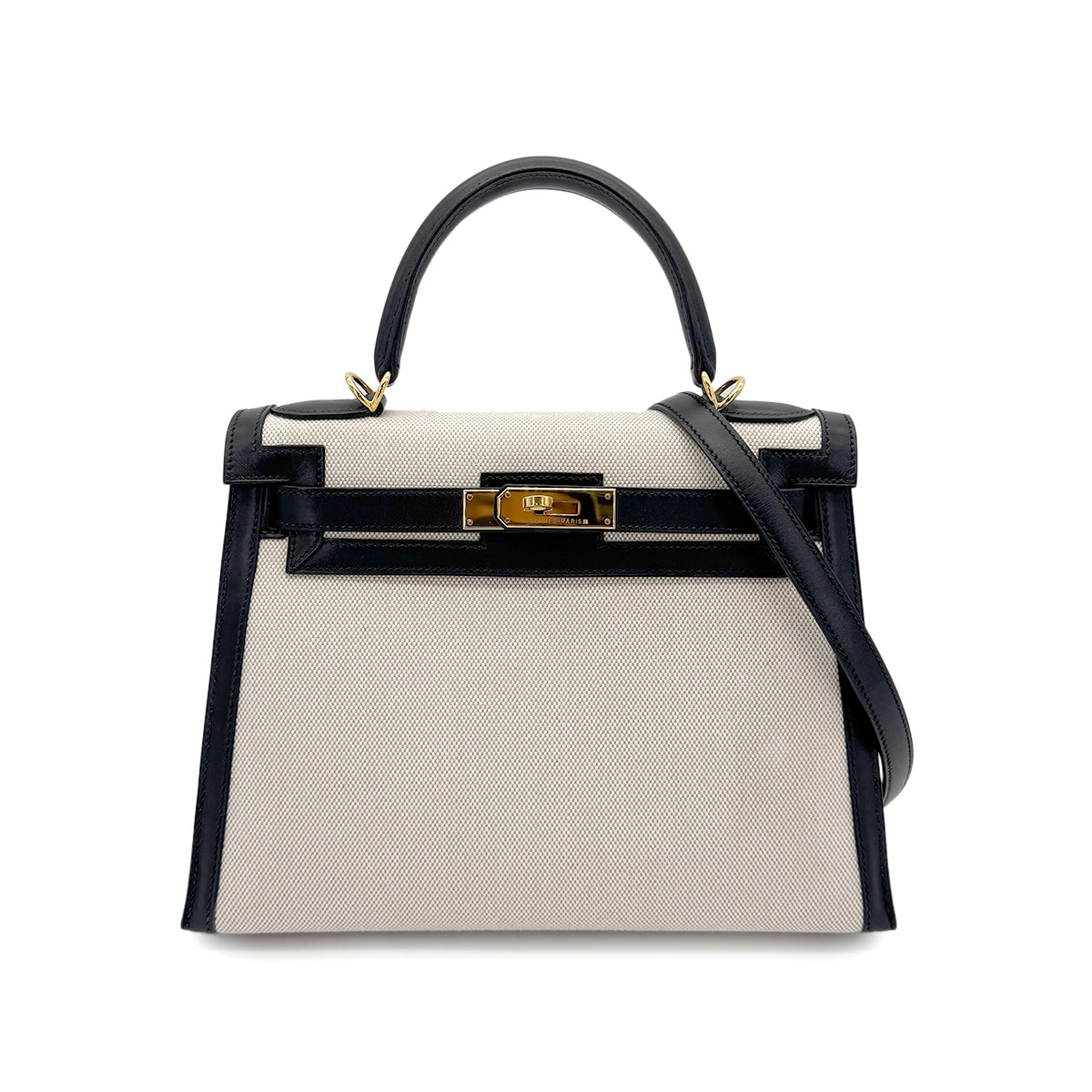 HERMES KELLY 28 BLACK BOXCALF TOILE H HAND SHOULDER BAG □F GHW 90269596