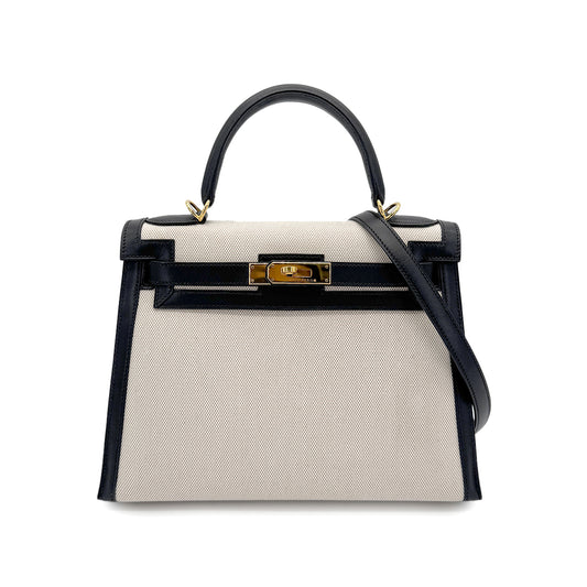 HERMES KELLY 28 BLACK BOXCALF TOILE H HAND SHOULDER BAG □F GHW 90269596