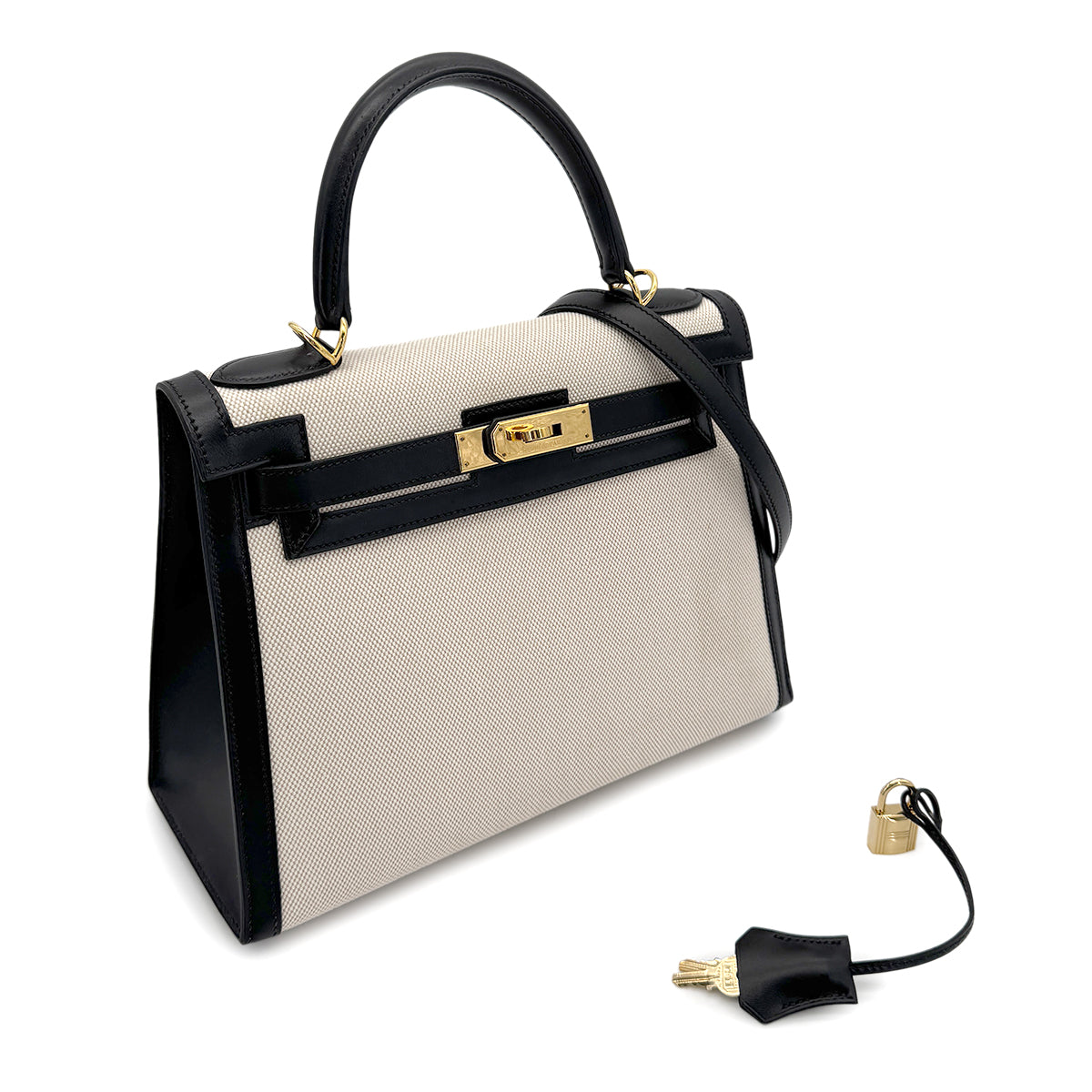 HERMES KELLY 28 BLACK BOXCALF TOILE H HAND SHOULDER BAG □F GHW 90269596