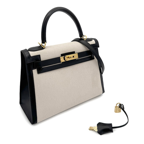 HERMES KELLY 28 BLACK BOXCALF TOILE H HAND SHOULDER BAG 2002 SQUARE F GOLD HARD WARE 90269596 - PURPOSE