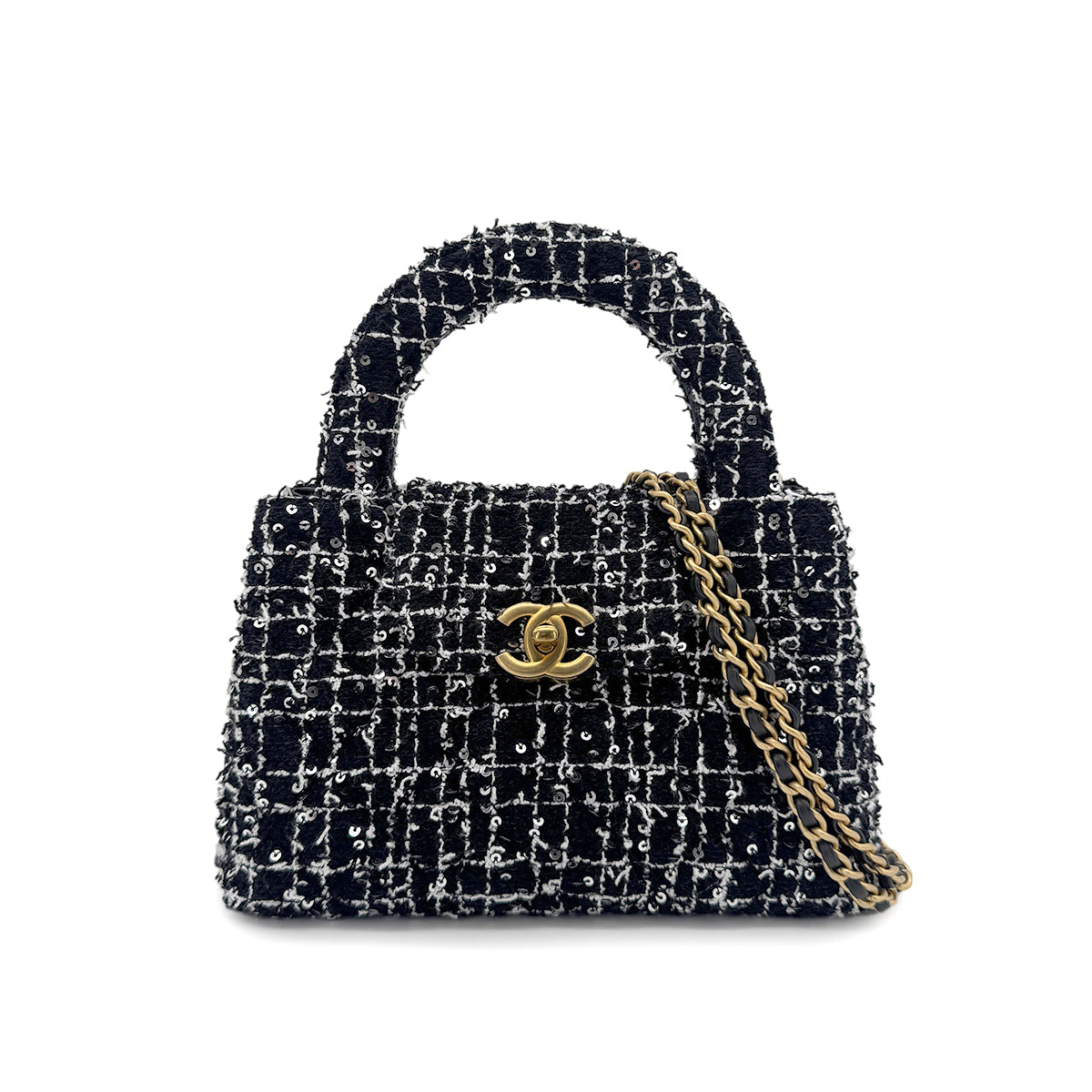 CHANEL HAND SHOULDER BAG BLACK TWEED SEQUIN 90269603