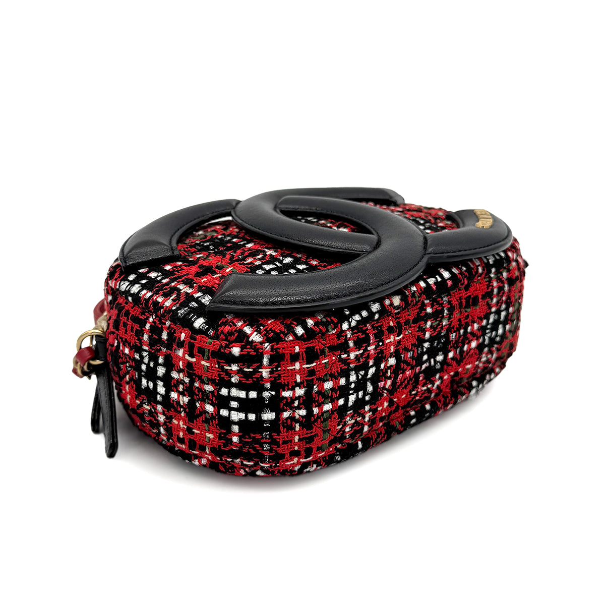 CHANEL BIG COCO ROUND CHAIN SHOULDER BAG BLACK RED TWEED 90269607