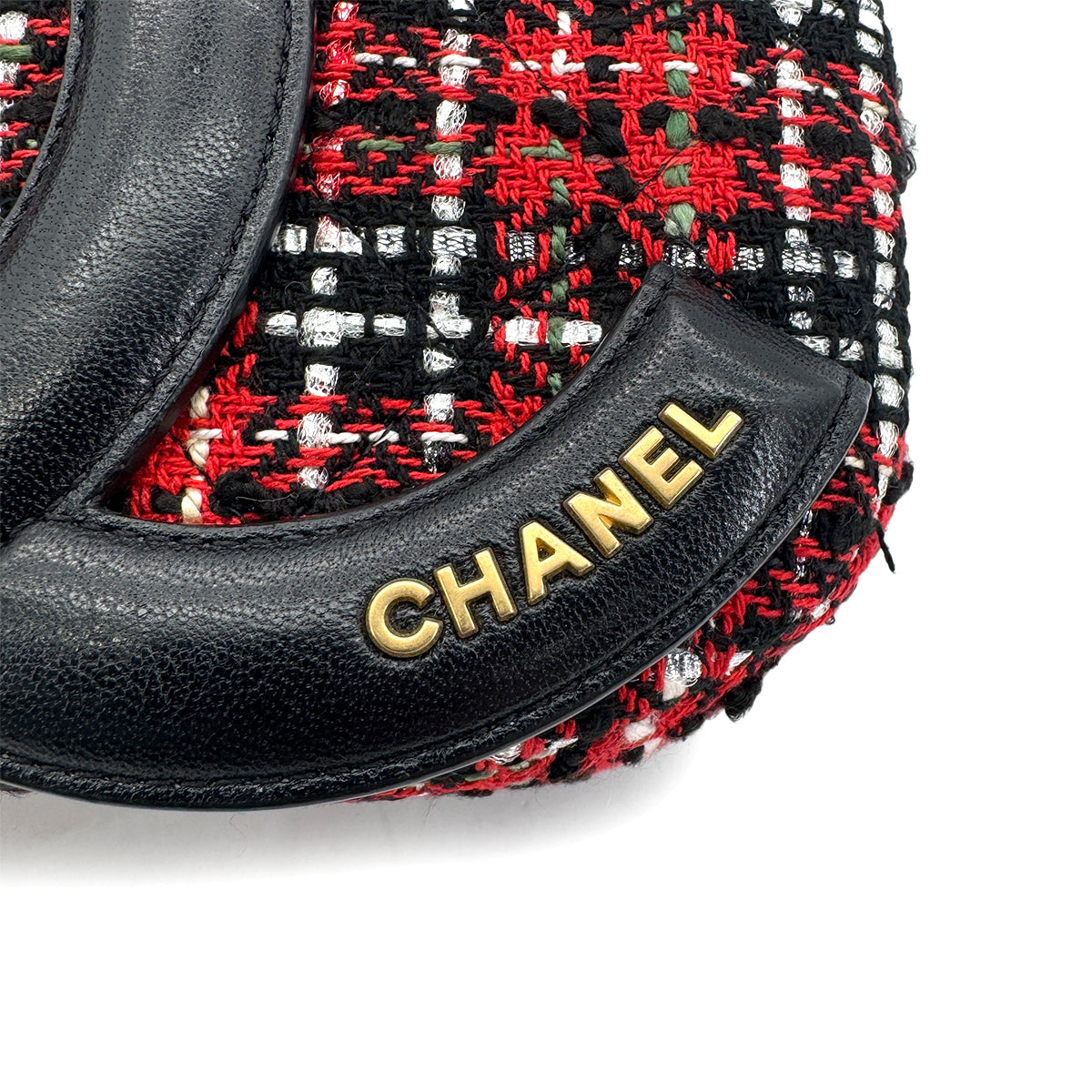 CHANEL BIG COCO ROUND CHAIN SHOULDER BAG BLACK RED TWEED 90269607
