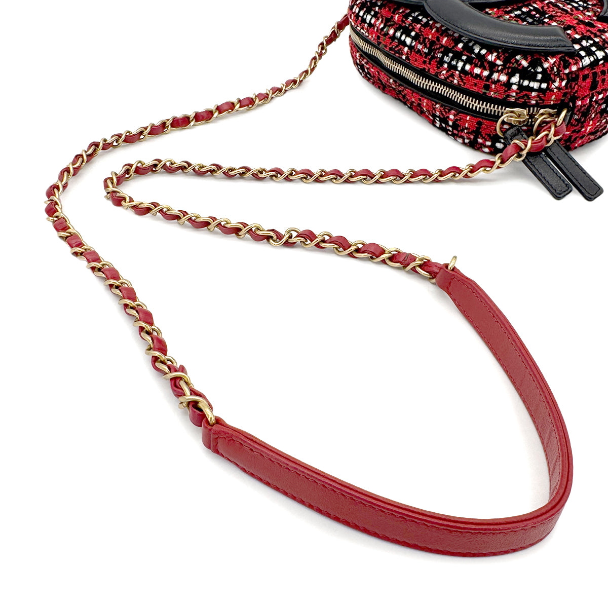 CHANEL BIG COCO ROUND CHAIN SHOULDER BAG BLACK RED TWEED 90269607