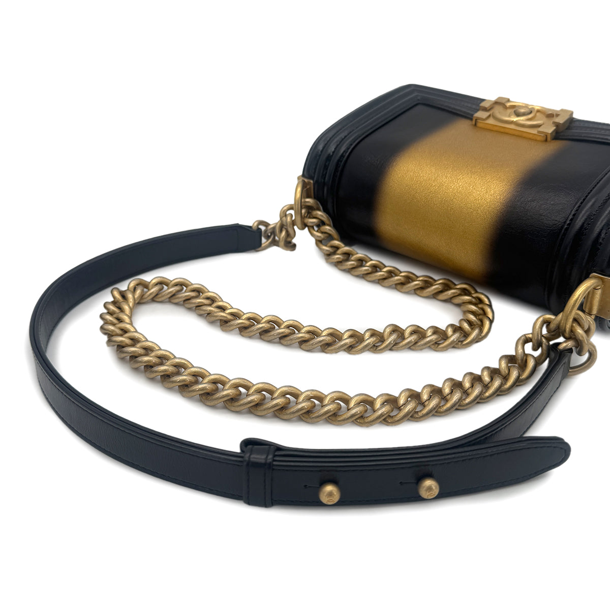 CHANEL BOY CHANEL MINI CHAIN SHOULDER BAG BLACK GOLD LEATHER 90269614