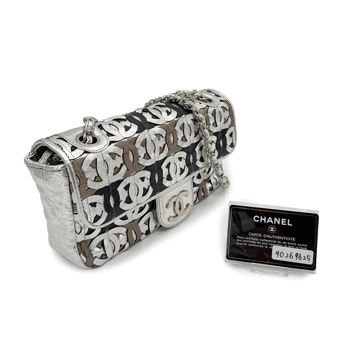 CHANEL VINTAGE CC PATCHWORK CHAIN SHOULDER BAG METALICSILVER LEATHER 90269625