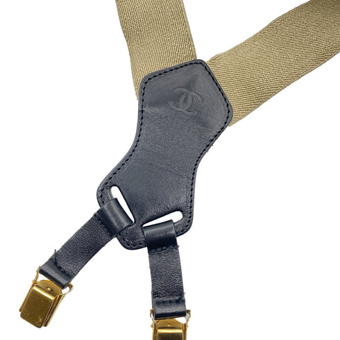CHANEL VINTAGE SUSPENDER LOGO BEIGE BLACK CANVAS LEATHER 90269694 - PURPOSE