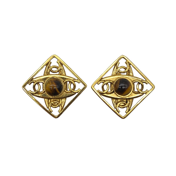 CHANEL VINTAGE EARRINGS COCO MARK SQUARE TIGER EYE ACCESSORY 23 90269914 - PURPOSE
