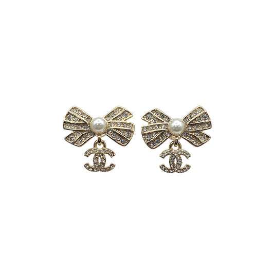 CHANEL EARRINGS COCOMARK RIBBON FAUX PEARL RHINESTONE ACCESSORY B23P 90270344