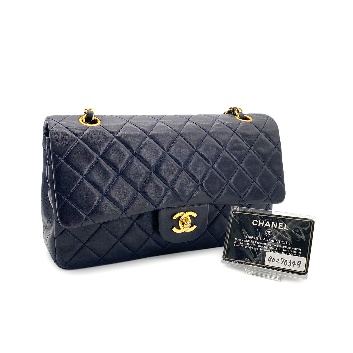 CHANEL VINTAGE CLASSIC FLAP MEDIUM CHAIN SHOULDER BAG NAVY LAMB SKIN 90270349