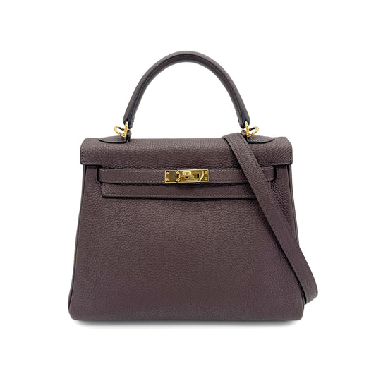 HERMES KELLY 25 RETOURNE BROWN TOGO HAND SHOULDER BAG D GHW SPO 90270353