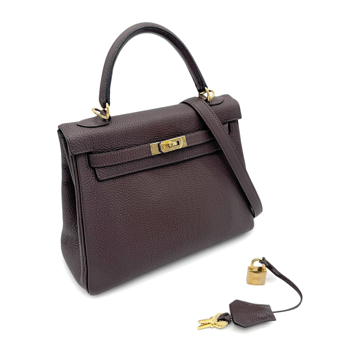 HERMES KELLY 25 RETOURNE BROWN TOGO HAND SHOULDER BAG D GHW SPO 90270353