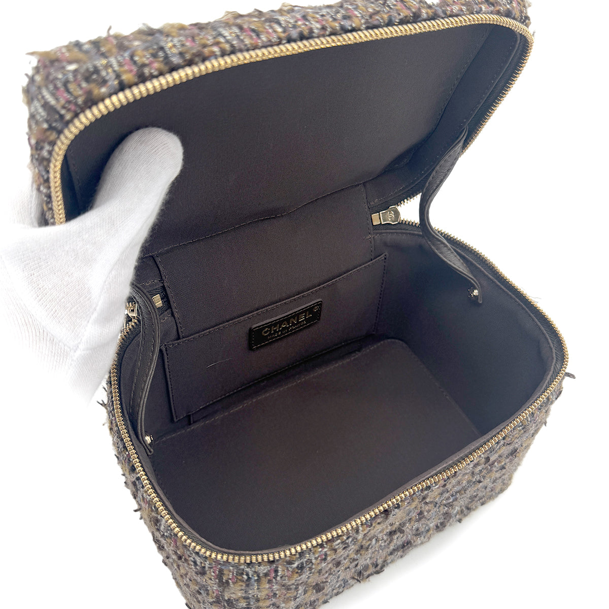 CHANEL VANITY HAND CHAIN SHOULDER BAG BROWN TWEED 90270367