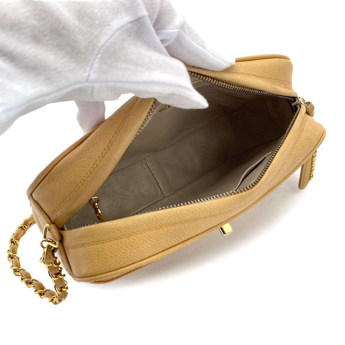 CHANEL VINTAGE MATELASSE CHAIN SHOULDER BAG BEIGE CAVIAR SKIN 90270790