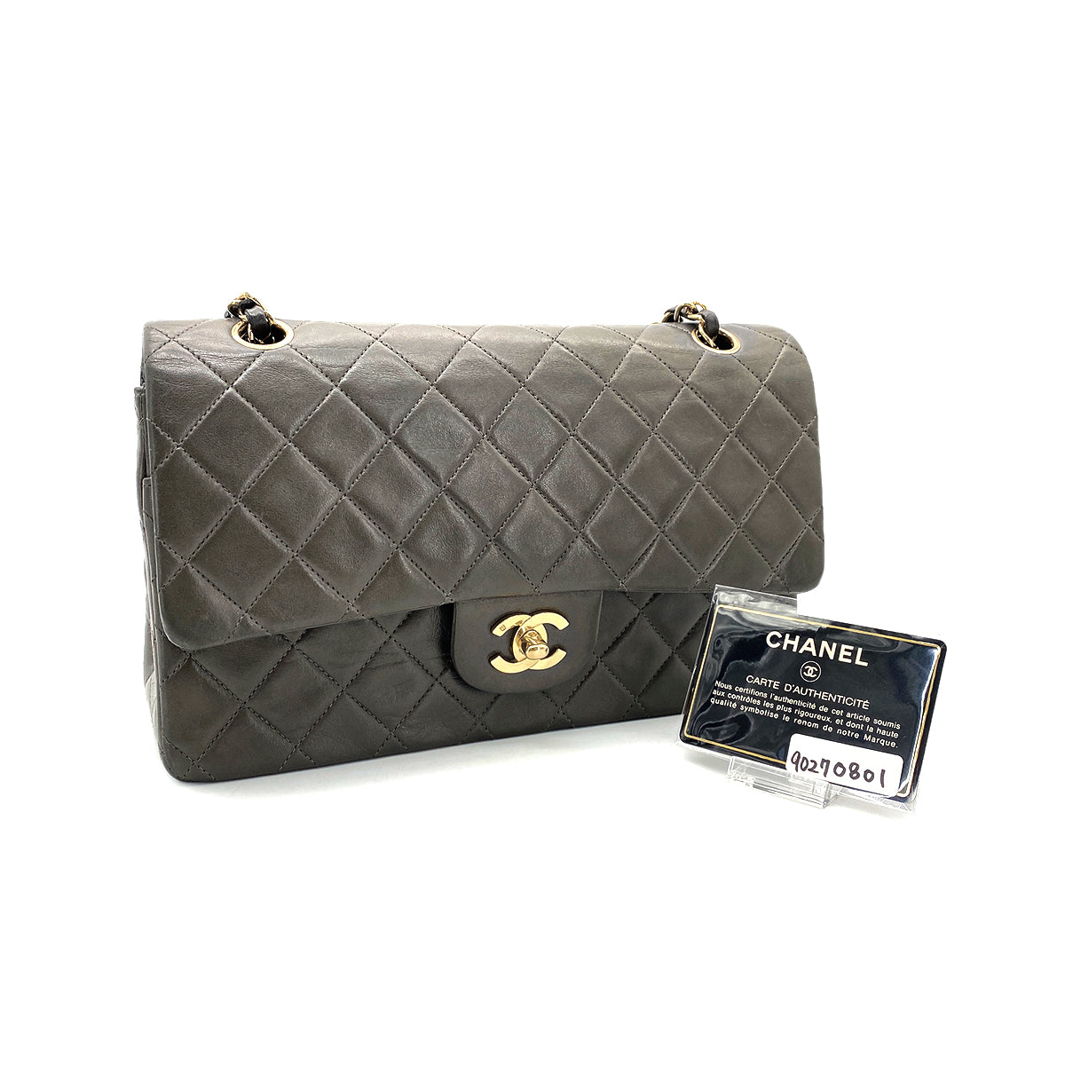 CHANEL VINTAGE CLASSIC FLAP MEDIUM CHAIN SHOULDER BAG GRAY LAMB SKIN 90270801