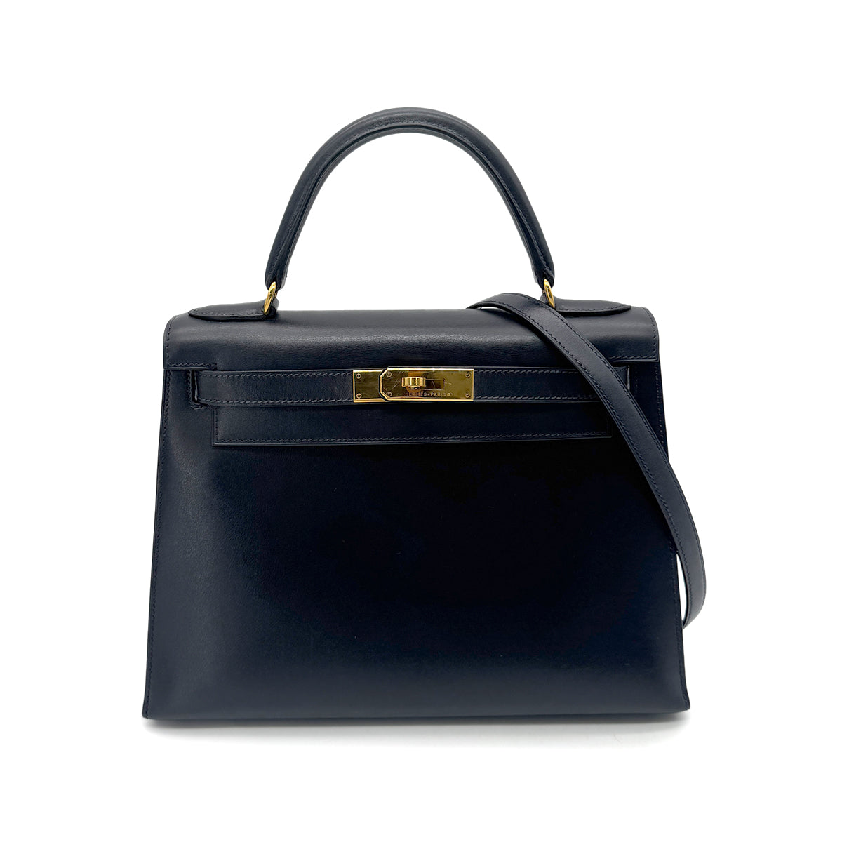 HERMES KELLY 28 SELLIER BLUE INDIGO BOX CALF HAND SHOULDER BAG □B GHW 90270855