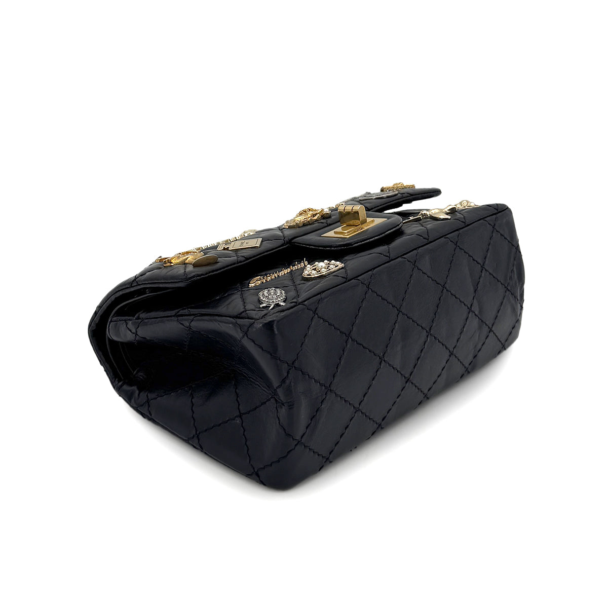 CHANEL 2.55 EMBROIDERY CHAIN SHOULDER BAG ICON BLACK CALF SKIN 90270858
