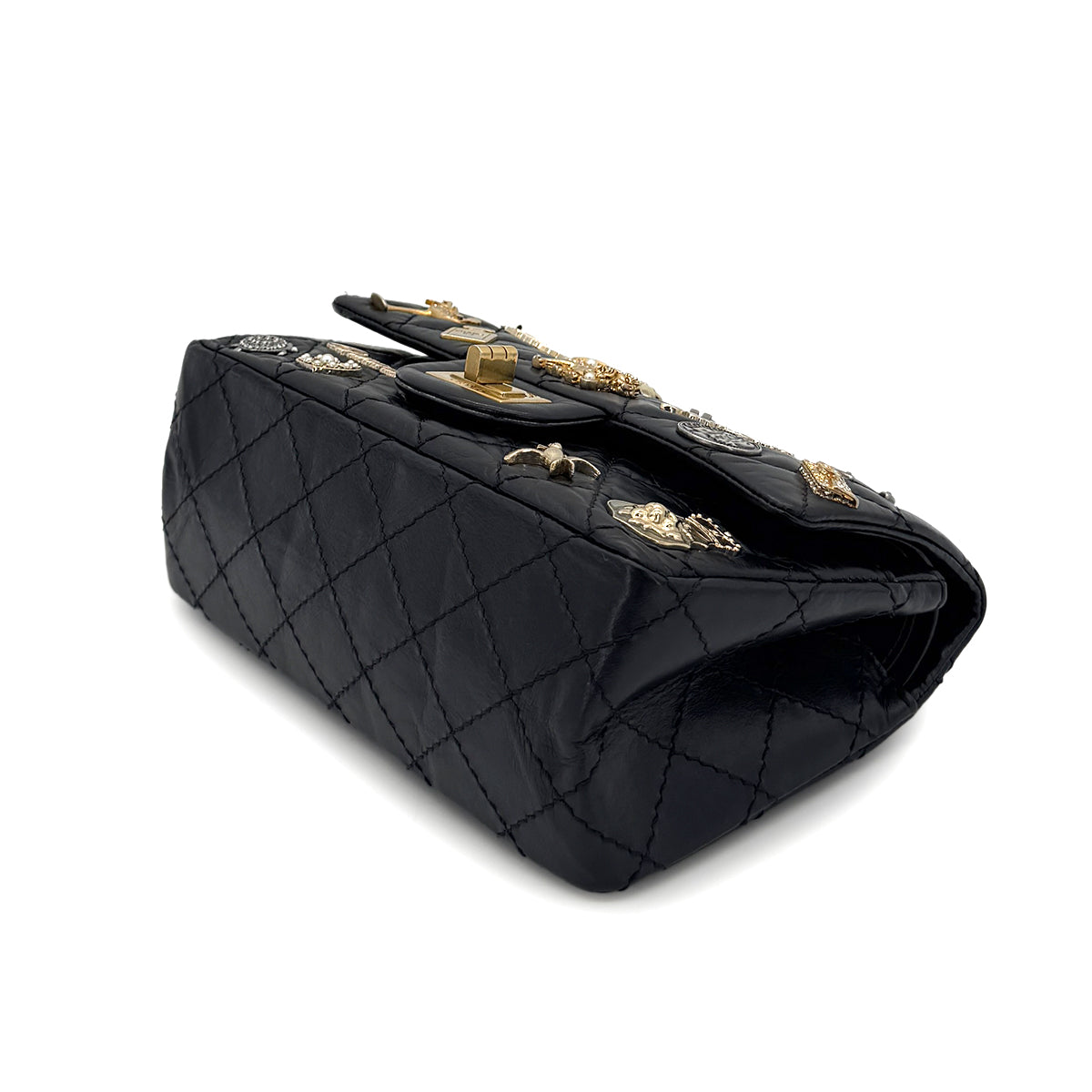 CHANEL 2.55 EMBROIDERY CHAIN SHOULDER BAG ICON BLACK CALF SKIN 90270858