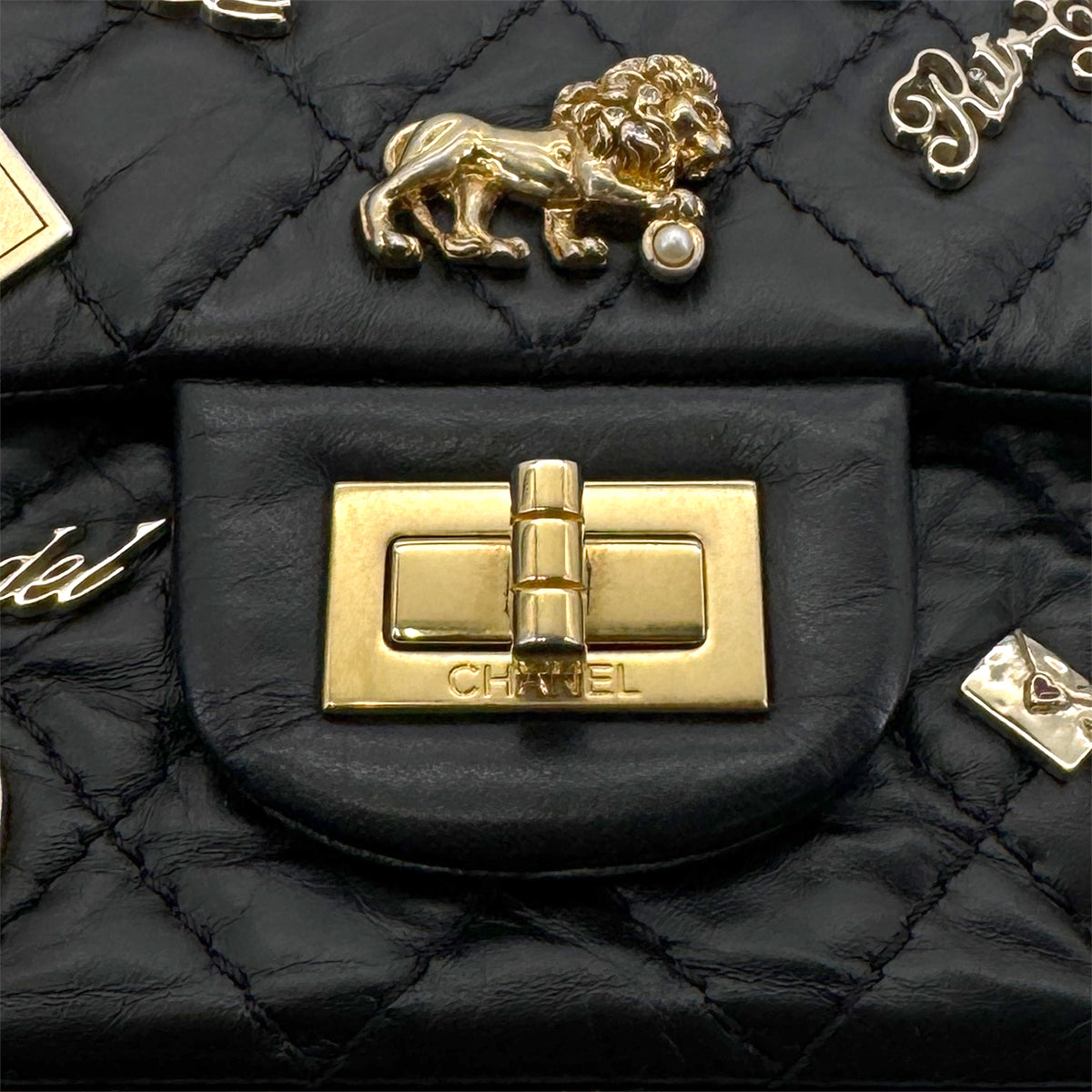 CHANEL 2.55 EMBROIDERY CHAIN SHOULDER BAG ICON BLACK CALF SKIN 90270858