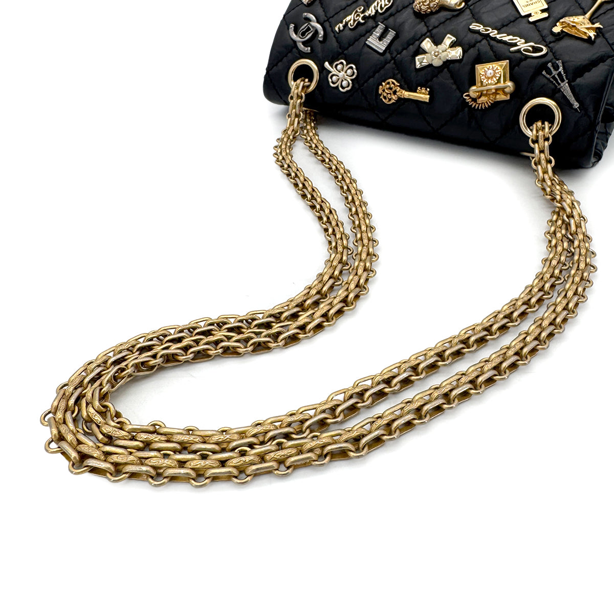 CHANEL 2.55 EMBROIDERY CHAIN SHOULDER BAG ICON BLACK CALF SKIN 90270858