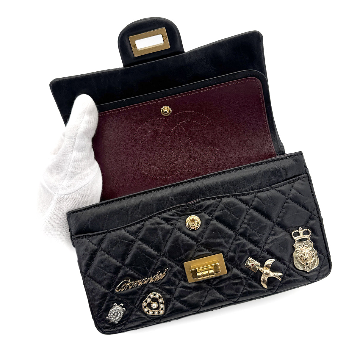 CHANEL 2.55 EMBROIDERY CHAIN SHOULDER BAG ICON BLACK CALF SKIN 90270858